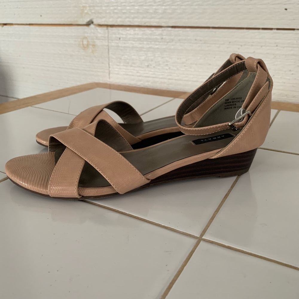 Array Tan Wedge Sandals with Crisscross Straps. Size 8.